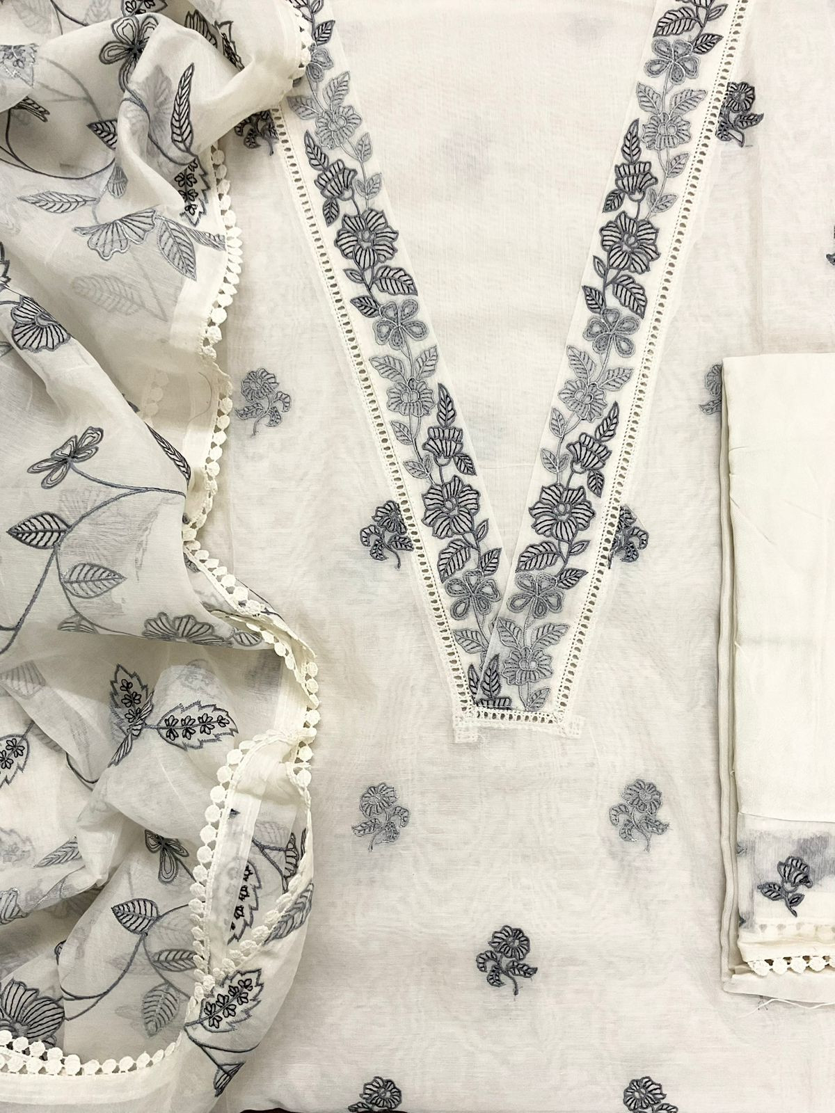 Pure Chanderi Embroidered Suit - Off White