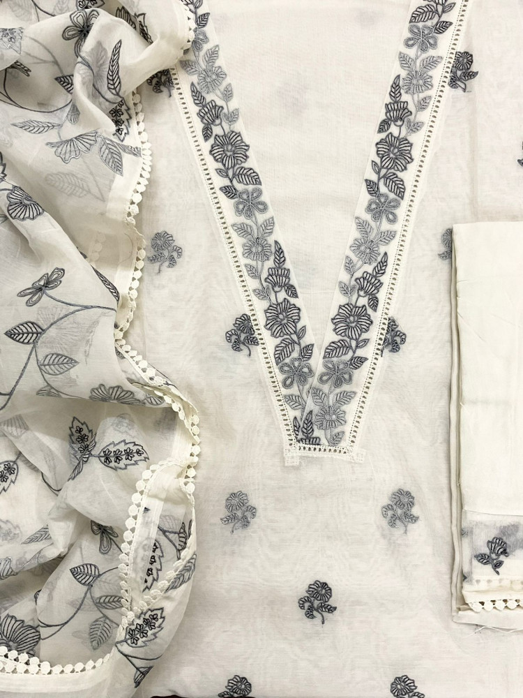 Image of Pure Chanderi Embroidered Suit - Off White