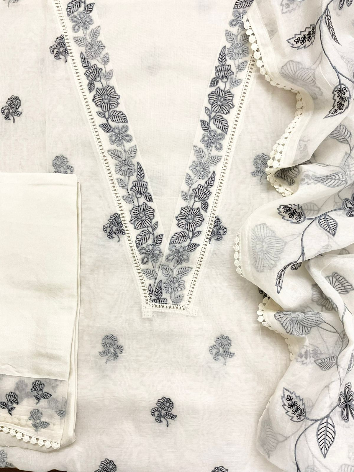 Pure Chanderi Embroidered Suit - Off White