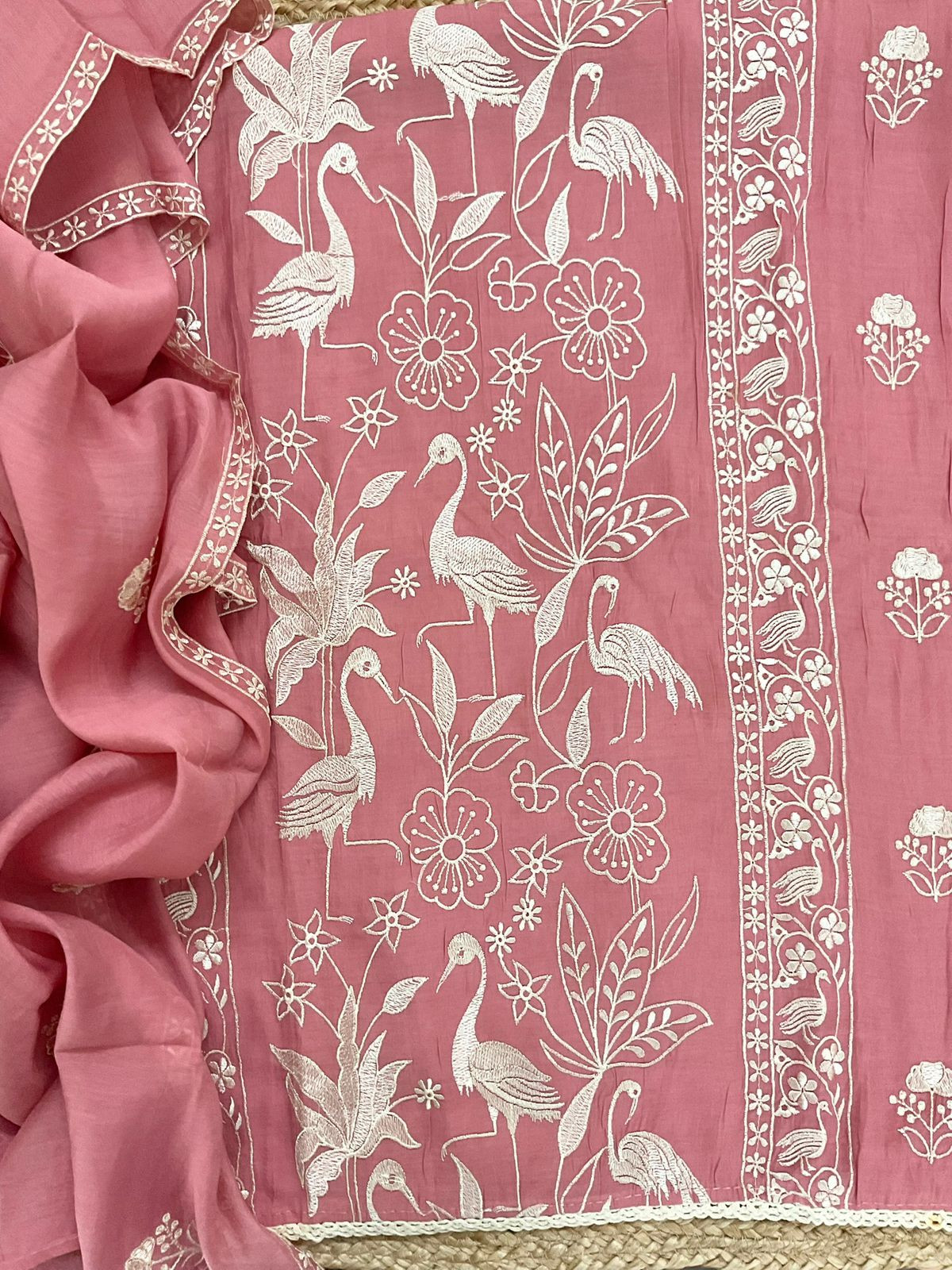 Soft Fine Muslin Embroidered Suit - Pink