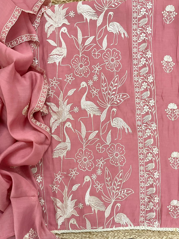 Image of Soft Fine Muslin Embroidered Suit - Pink