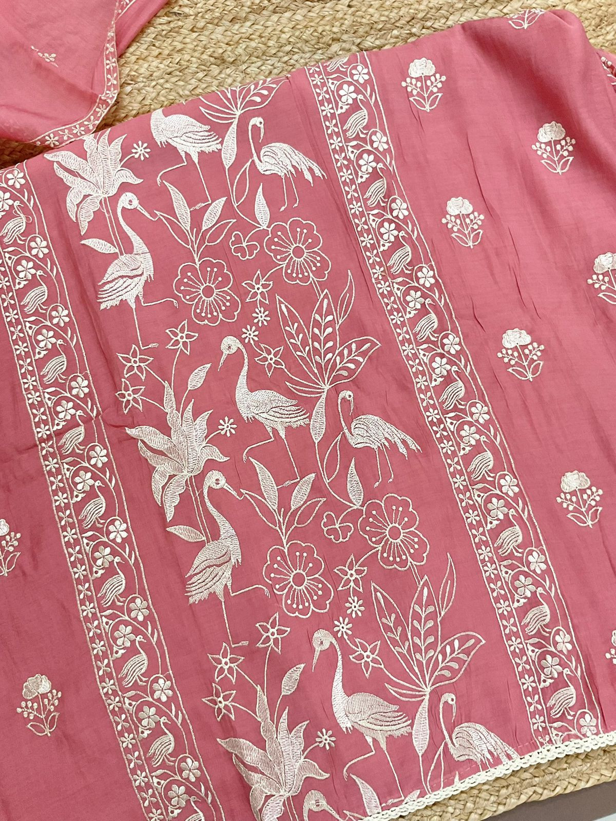 Soft Fine Muslin Embroidered Suit - Pink