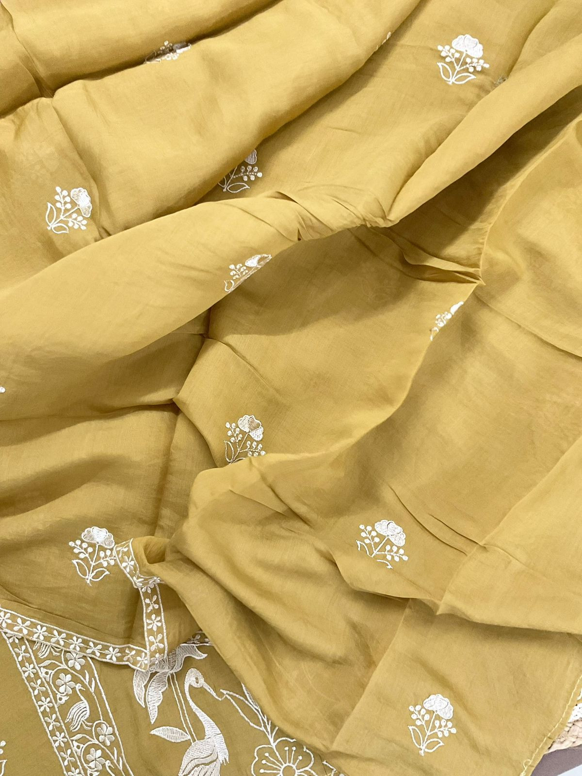 Soft Fine Muslin Embroidered Suit - Mustard