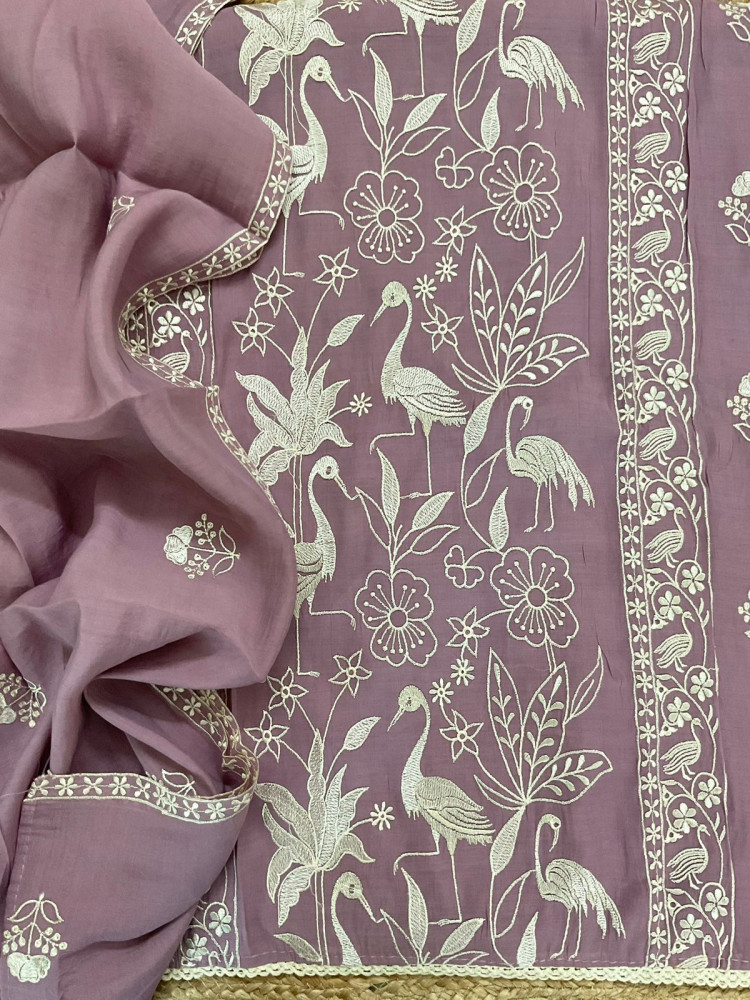 Image of Soft Fine Muslin Embroidered Suit - Lavender