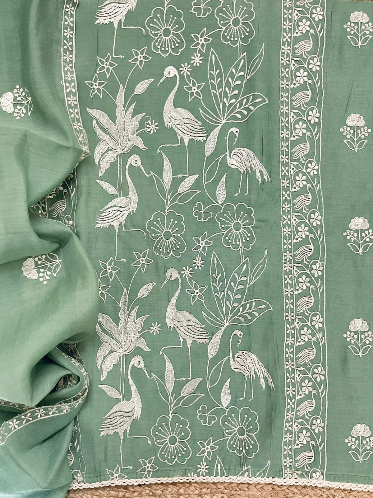 Soft Fine Muslin Embroidered Suit - Green