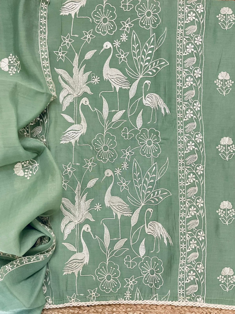 Image of Soft Fine Muslin Embroidered Suit - Green