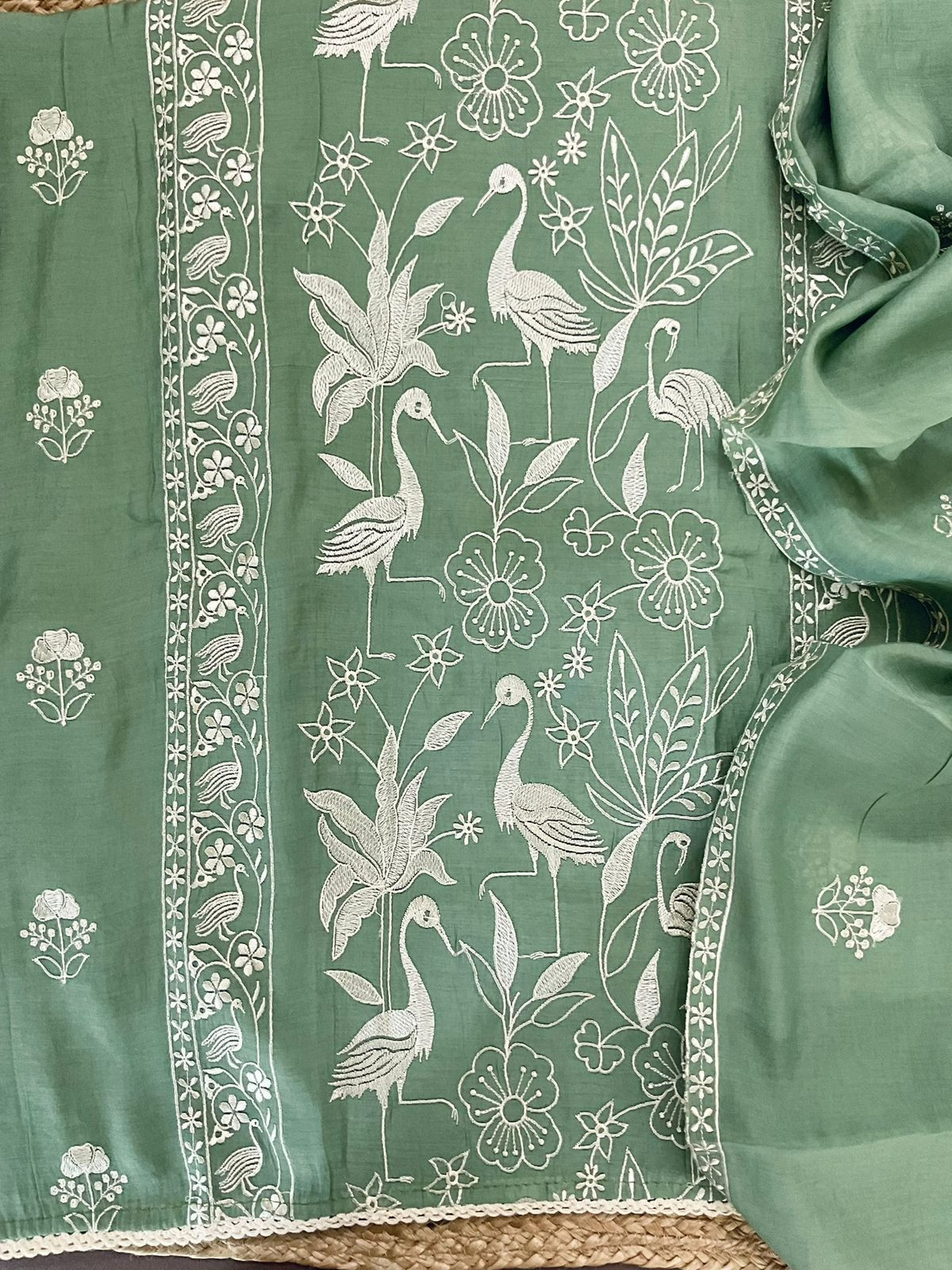 Soft Fine Muslin Embroidered Suit - Green