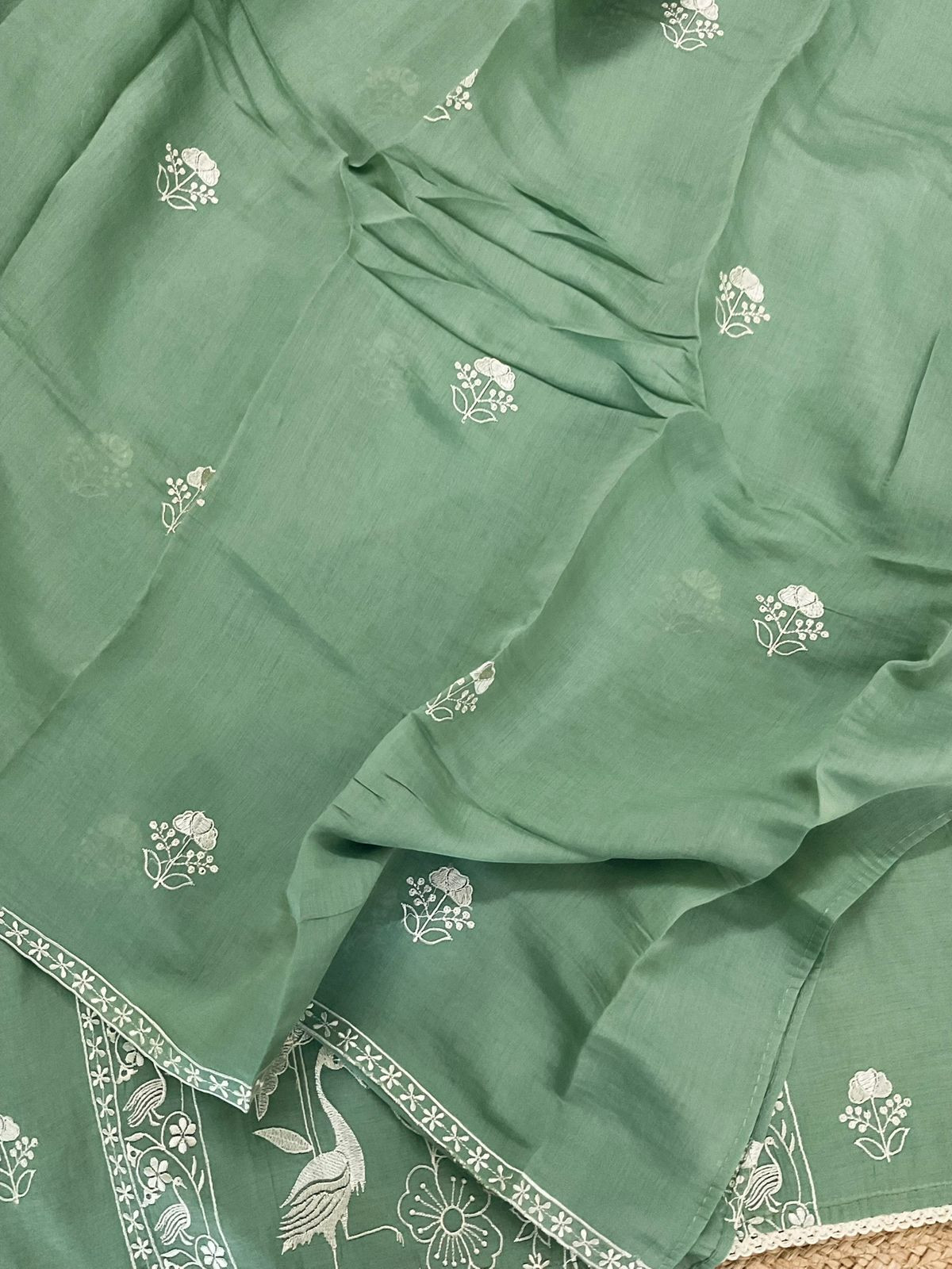 Soft Fine Muslin Embroidered Suit - Green