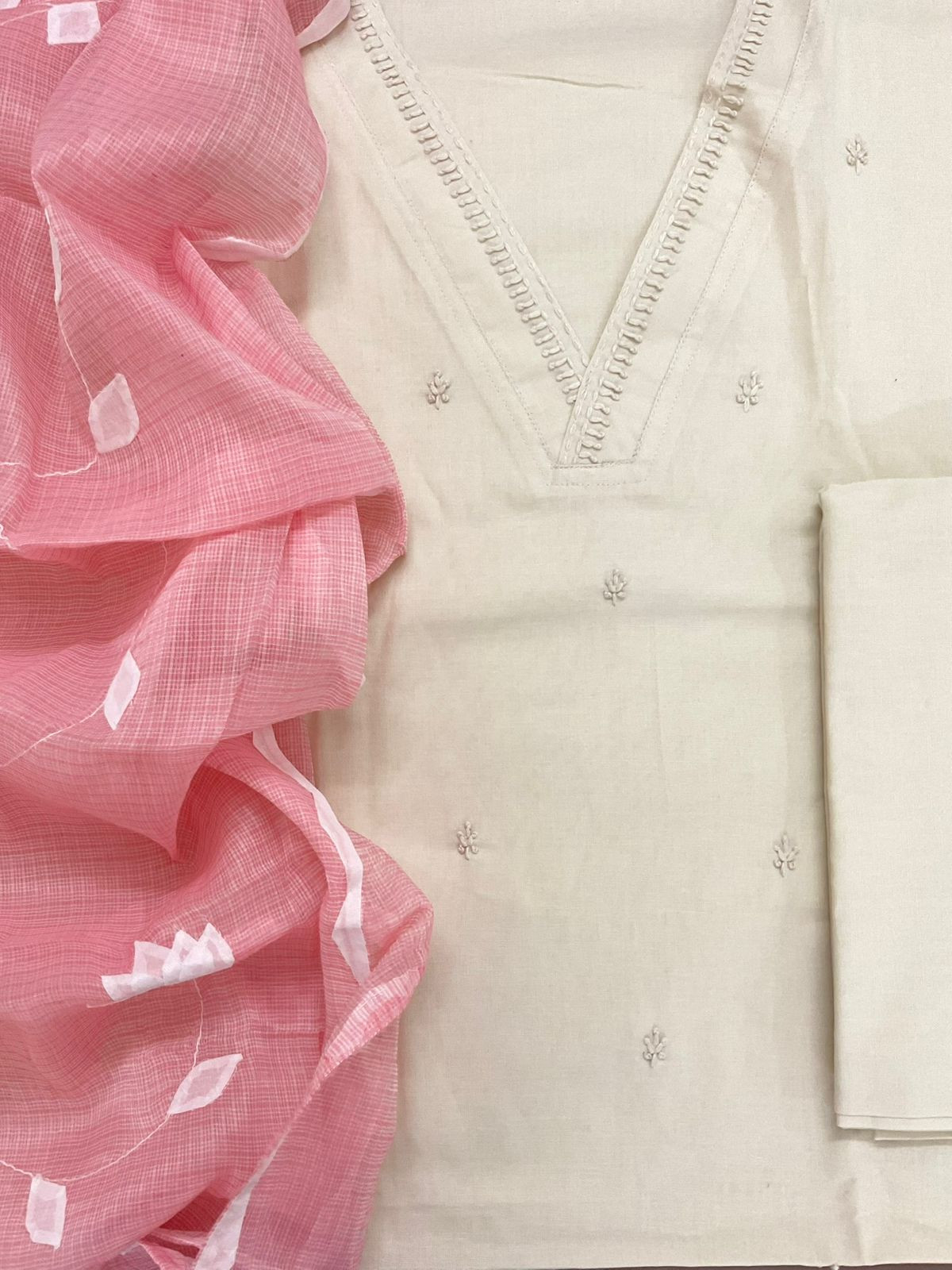 Pure Century Cotton Embroidered Suit - Cream