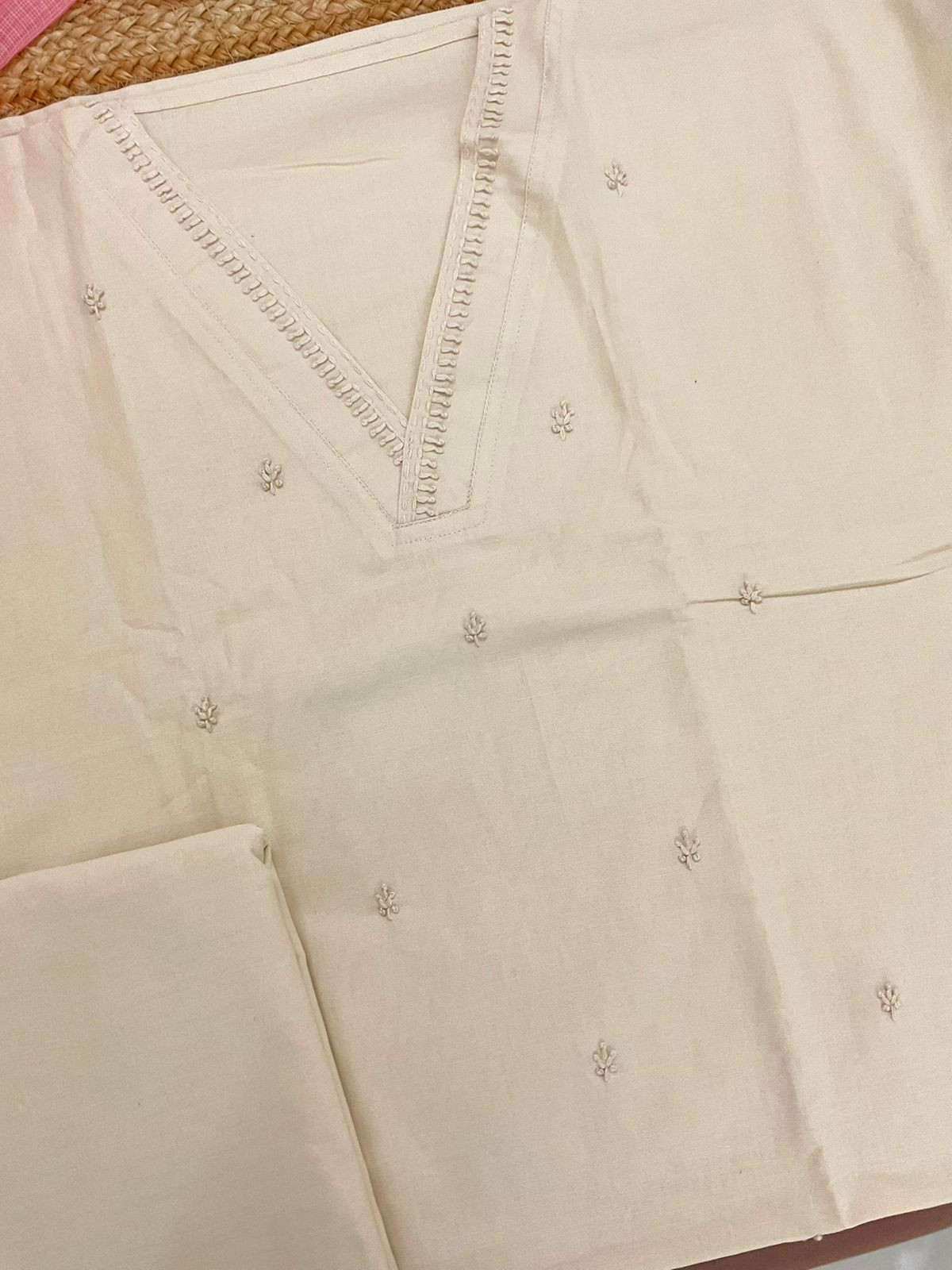 Pure Century Cotton Embroidered Suit - Cream