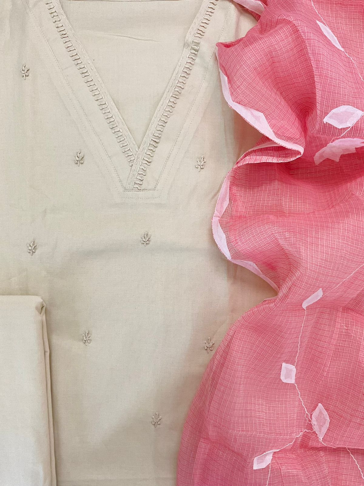 Pure Century Cotton Embroidered Suit - Cream