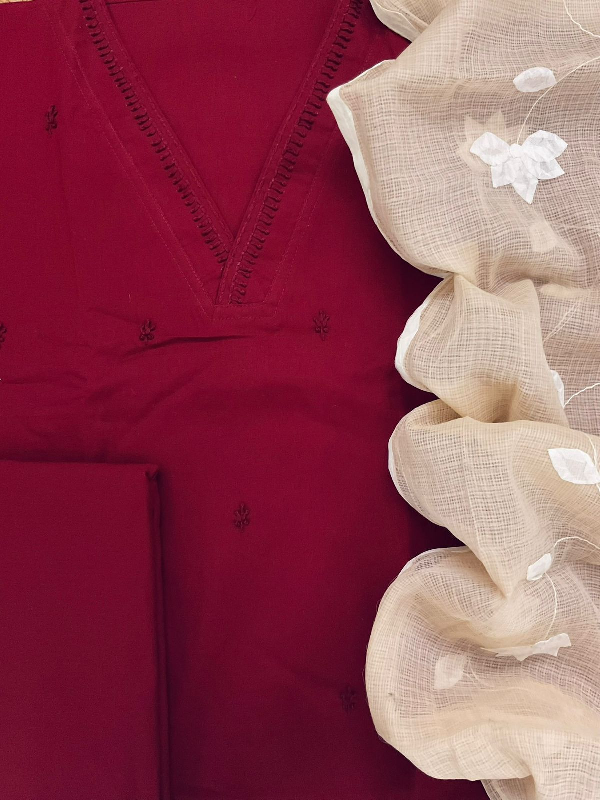 Pure Century Cotton Embroidered Suit - Maroon