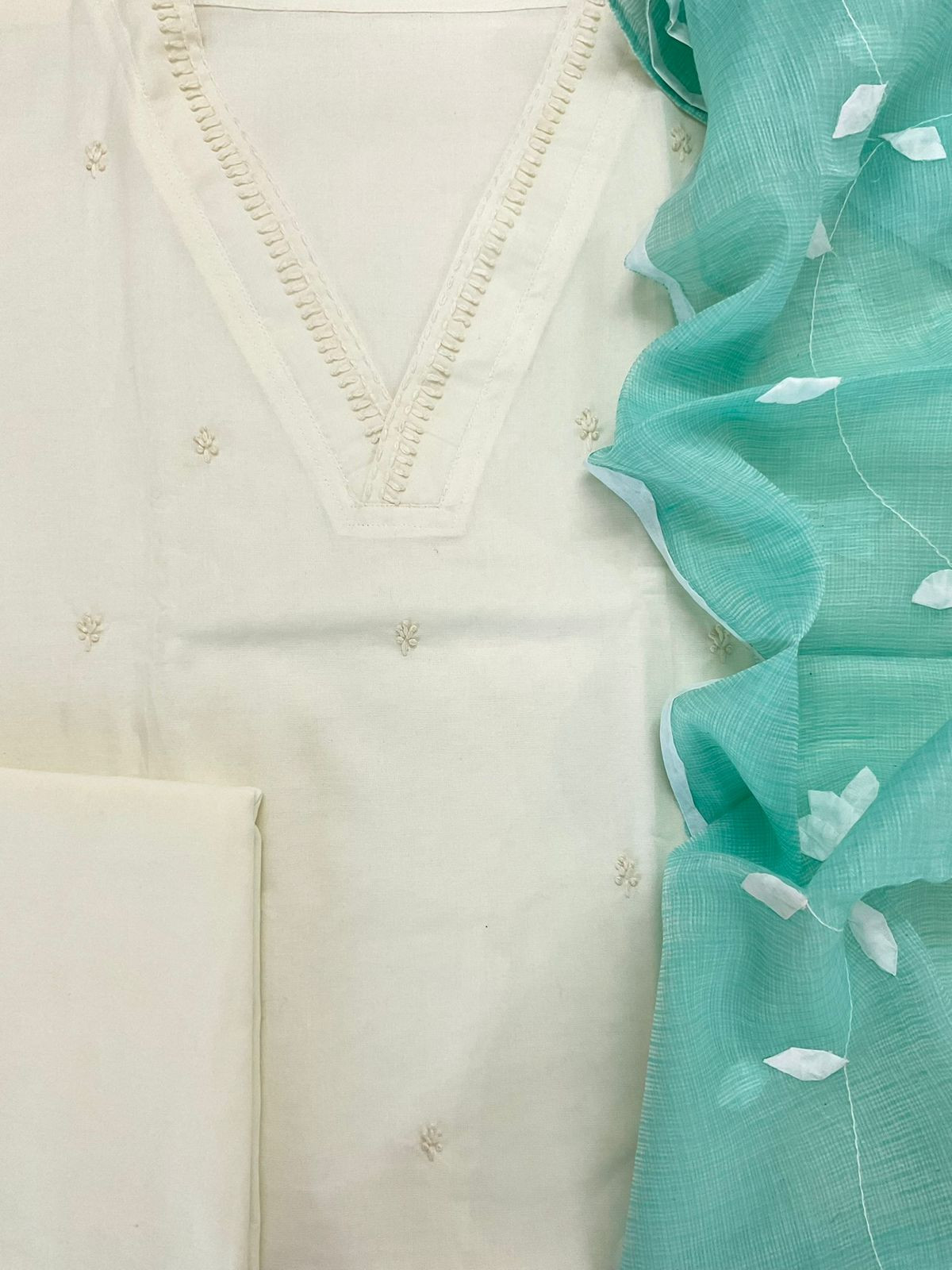 Pure Century Cotton Embroidered Suit - Off White