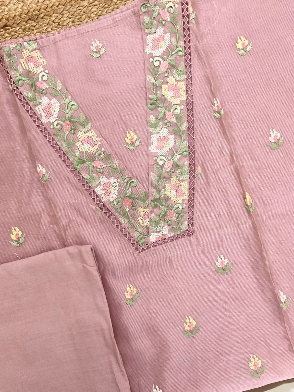 Soft Fine Supernet Embroidered Suit - Pink