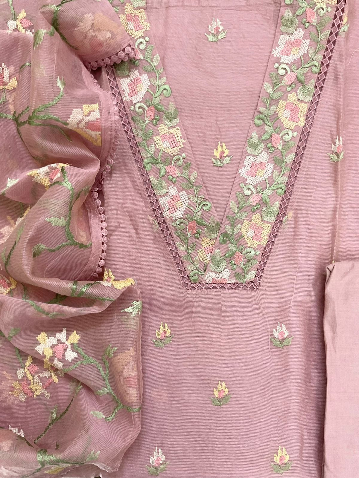 Soft Fine Supernet Embroidered Suit - Pink