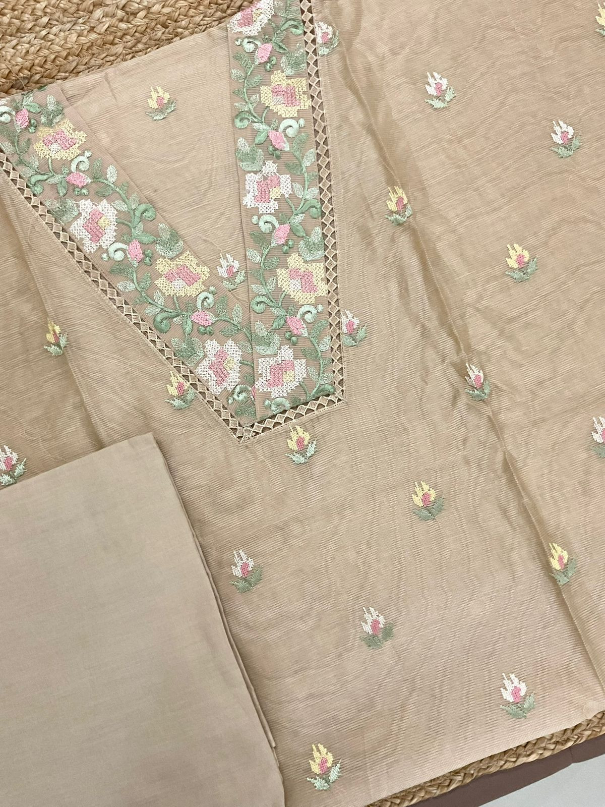 Soft Fine Supernet Embroidered Suit - Beige