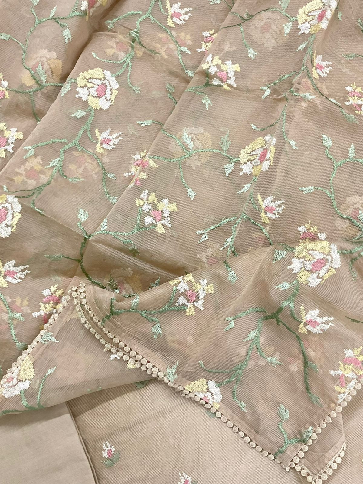 Soft Fine Supernet Embroidered Suit - Beige