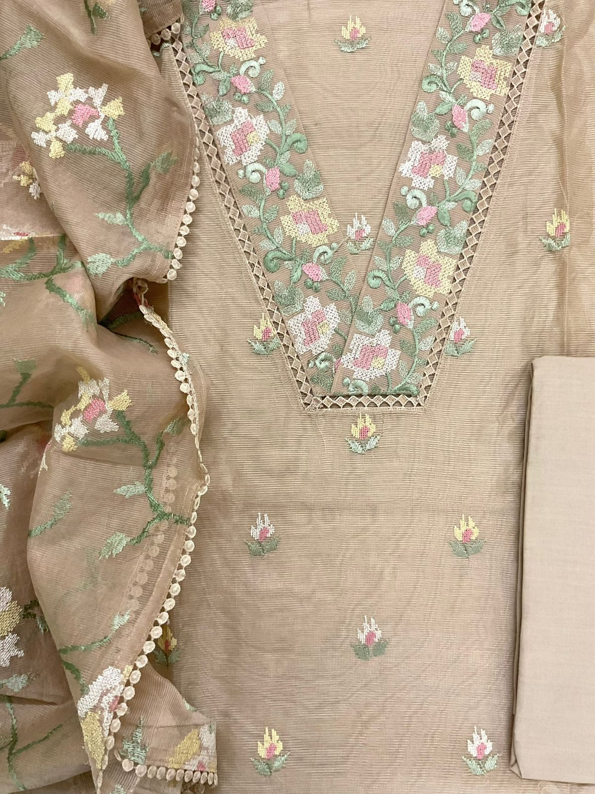Soft Fine Supernet Embroidered Suit - Beige
