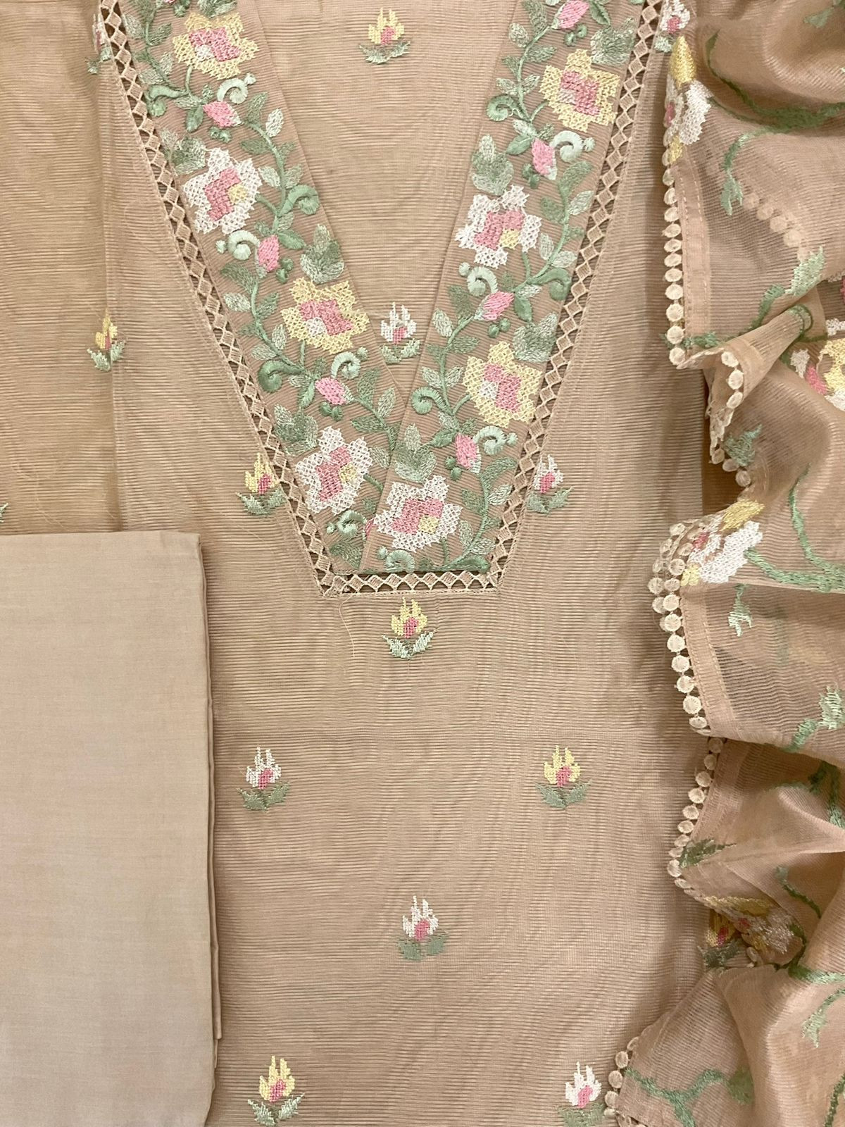 Soft Fine Supernet Embroidered Suit - Beige