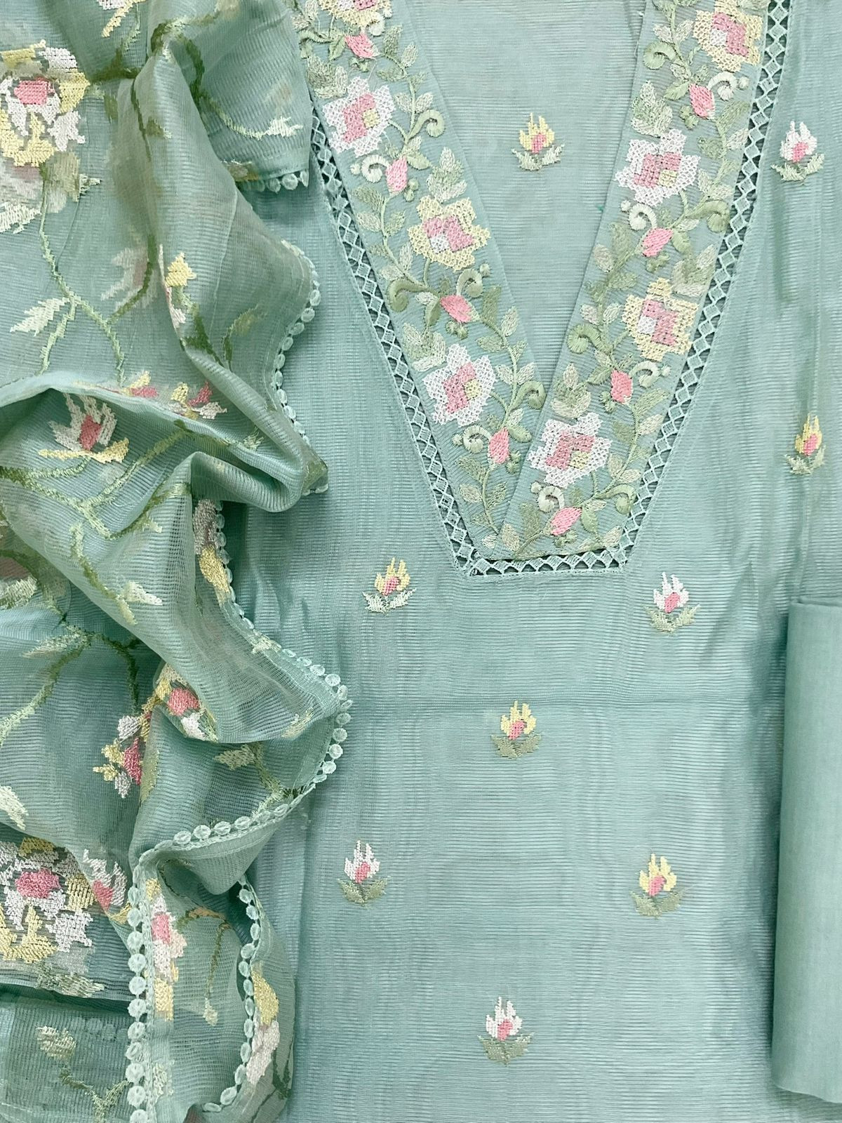 Soft Fine Supernet Embroidered Suit - Green