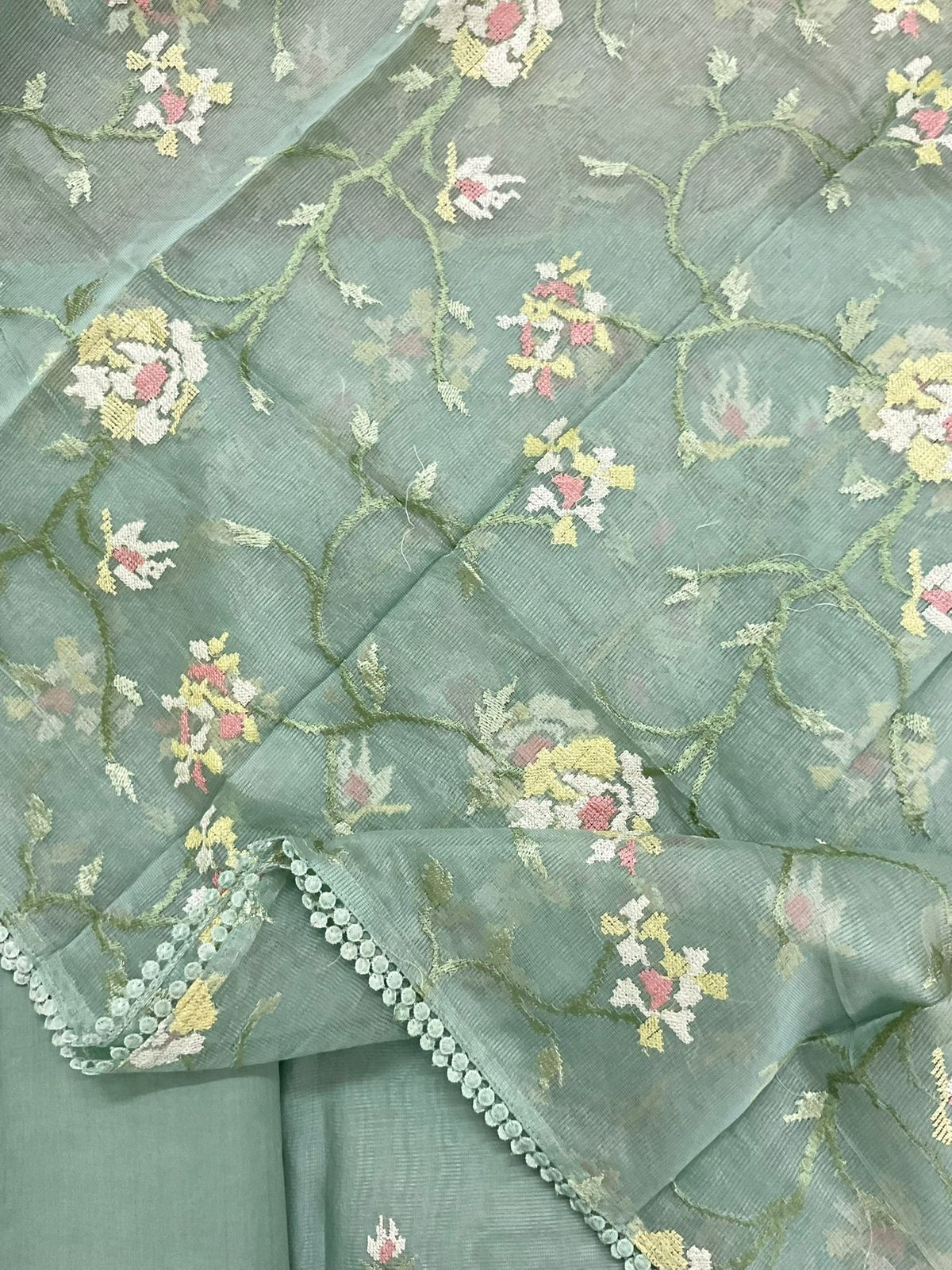 Soft Fine Supernet Embroidered Suit - Green