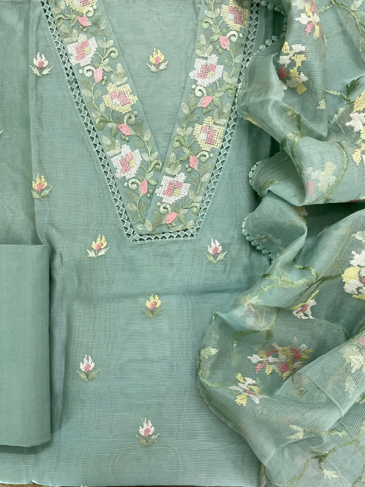 Soft Fine Supernet Embroidered Suit - Green