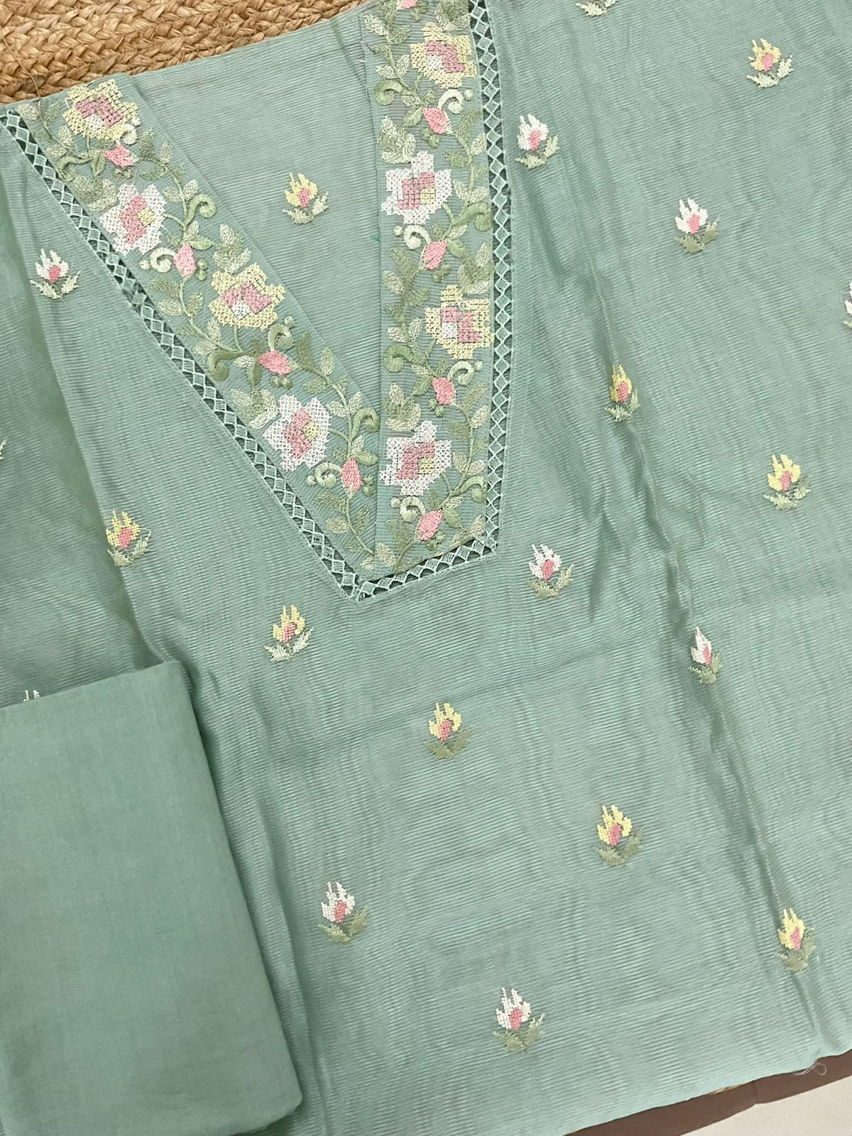 Soft Fine Supernet Embroidered Suit - Green