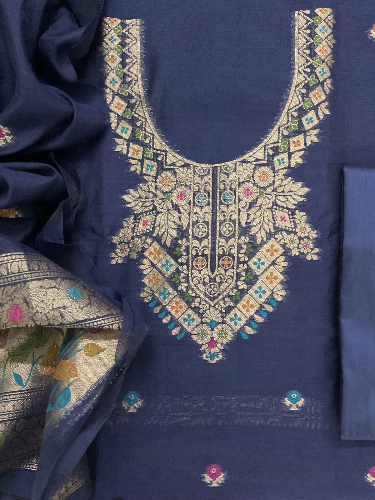 Soft Slub Chanderi Jamdani Weaved Suit - Blue