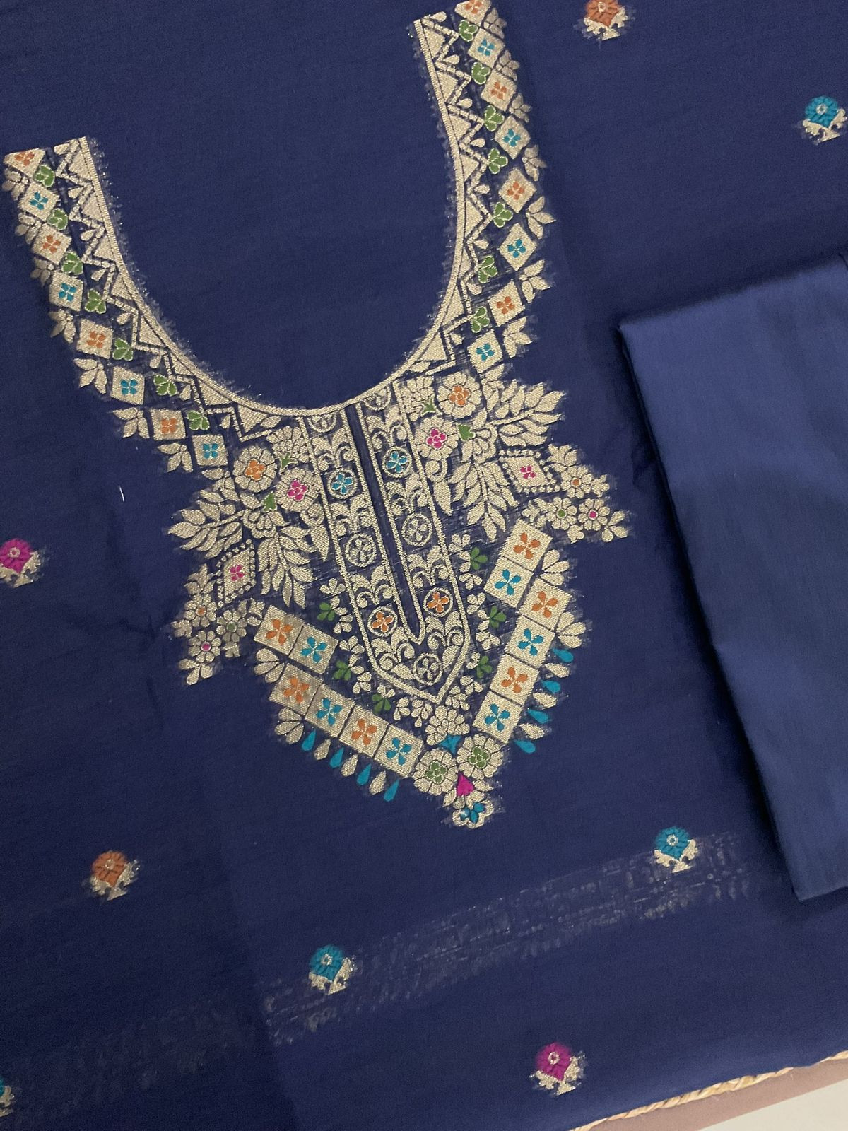 Soft Slub Chanderi Jamdani Weaved Suit - Blue