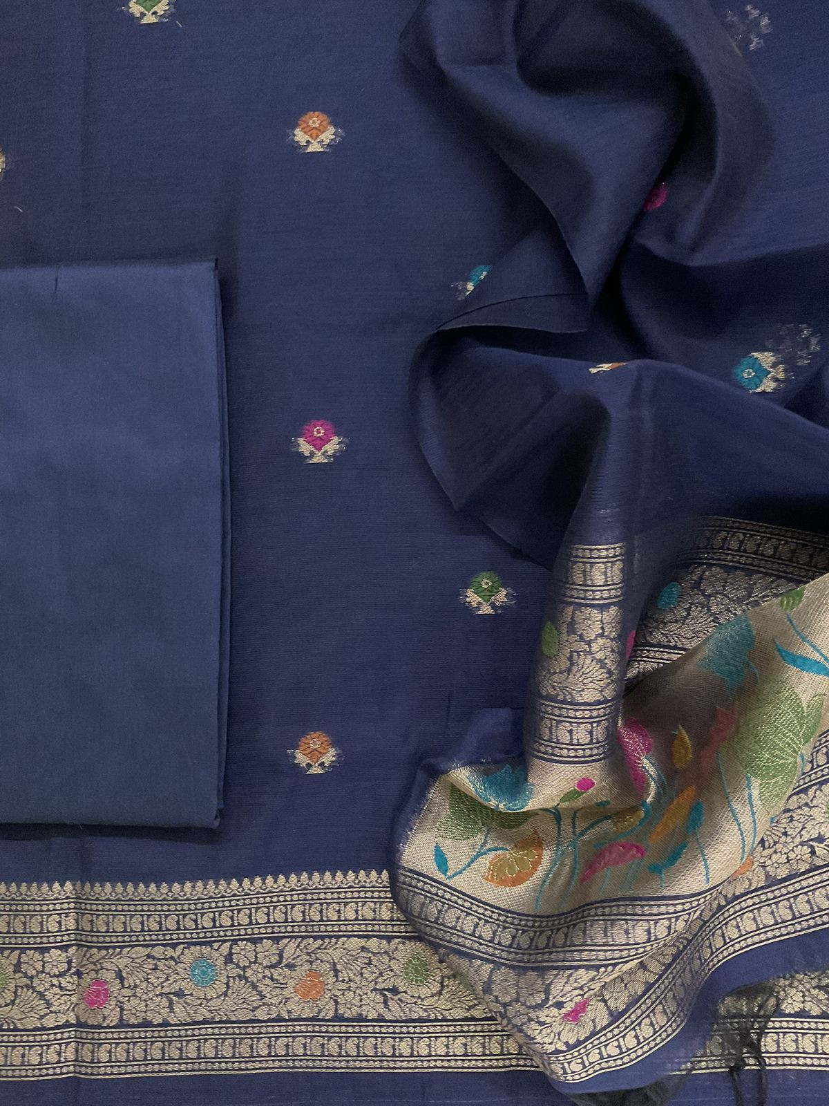 Soft Slub Chanderi Jamdani Weaved Suit - Blue