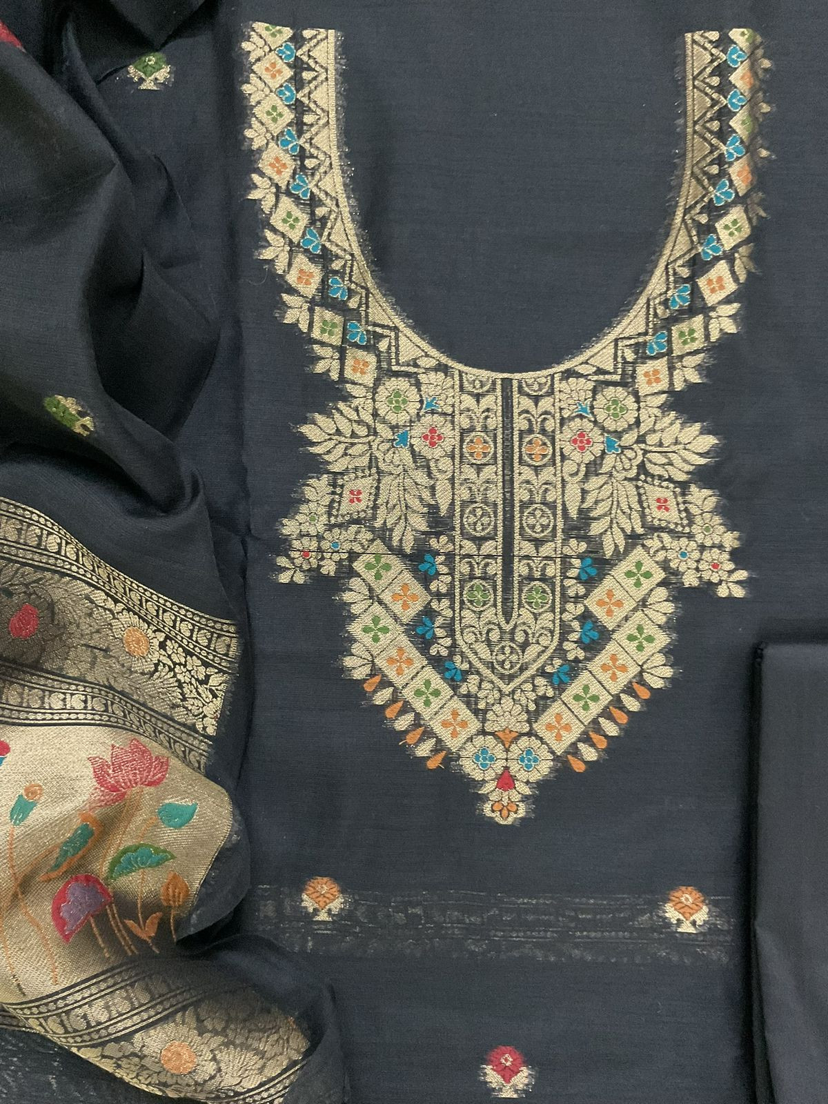 Soft Slub Chanderi Jamdani Weaved Suit - Black