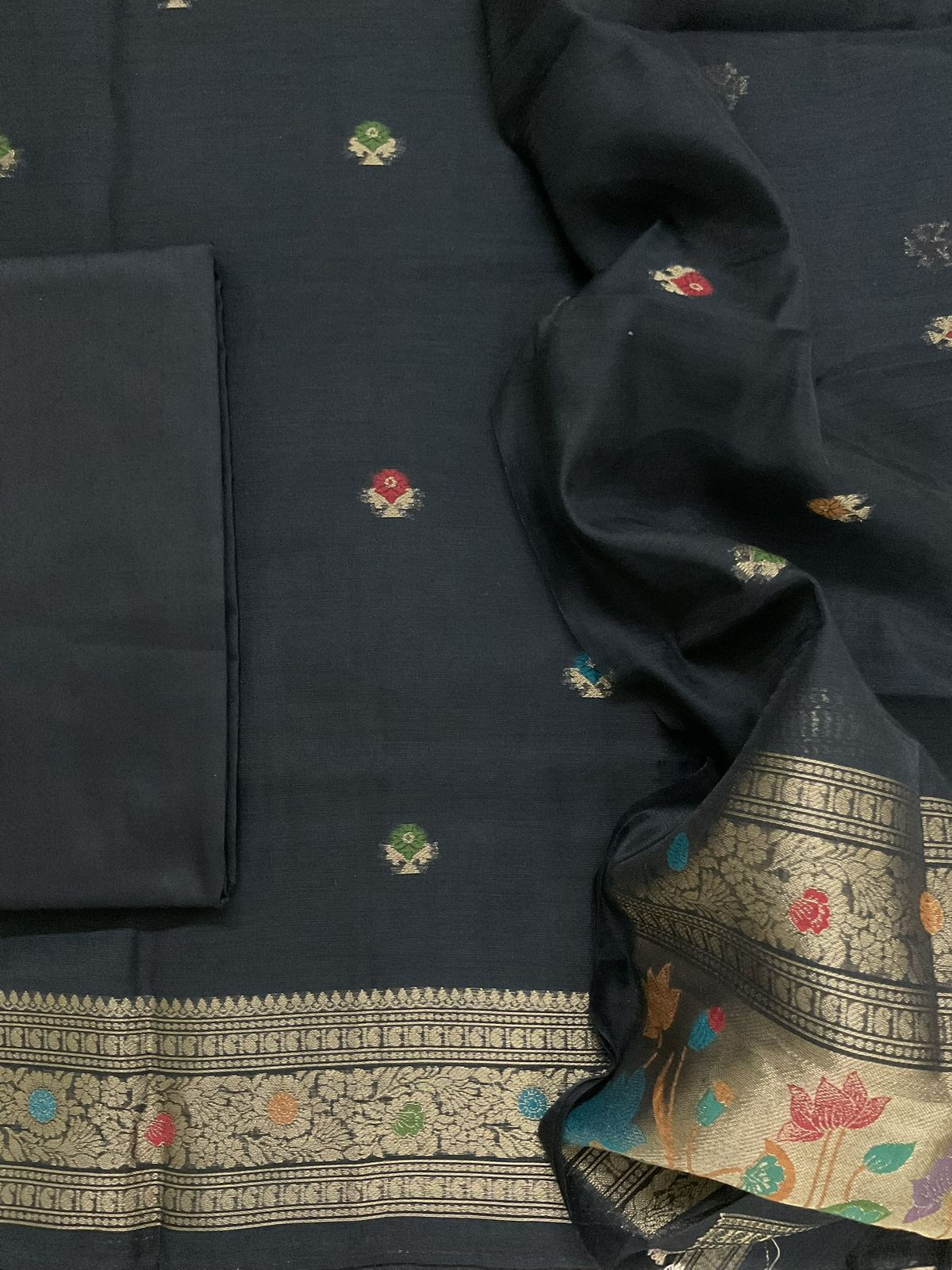 Soft Slub Chanderi Jamdani Weaved Suit - Black