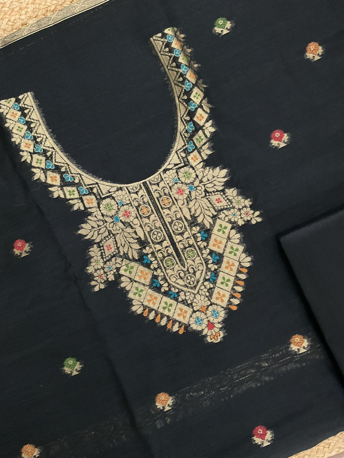 Soft Slub Chanderi Jamdani Weaved Suit - Black