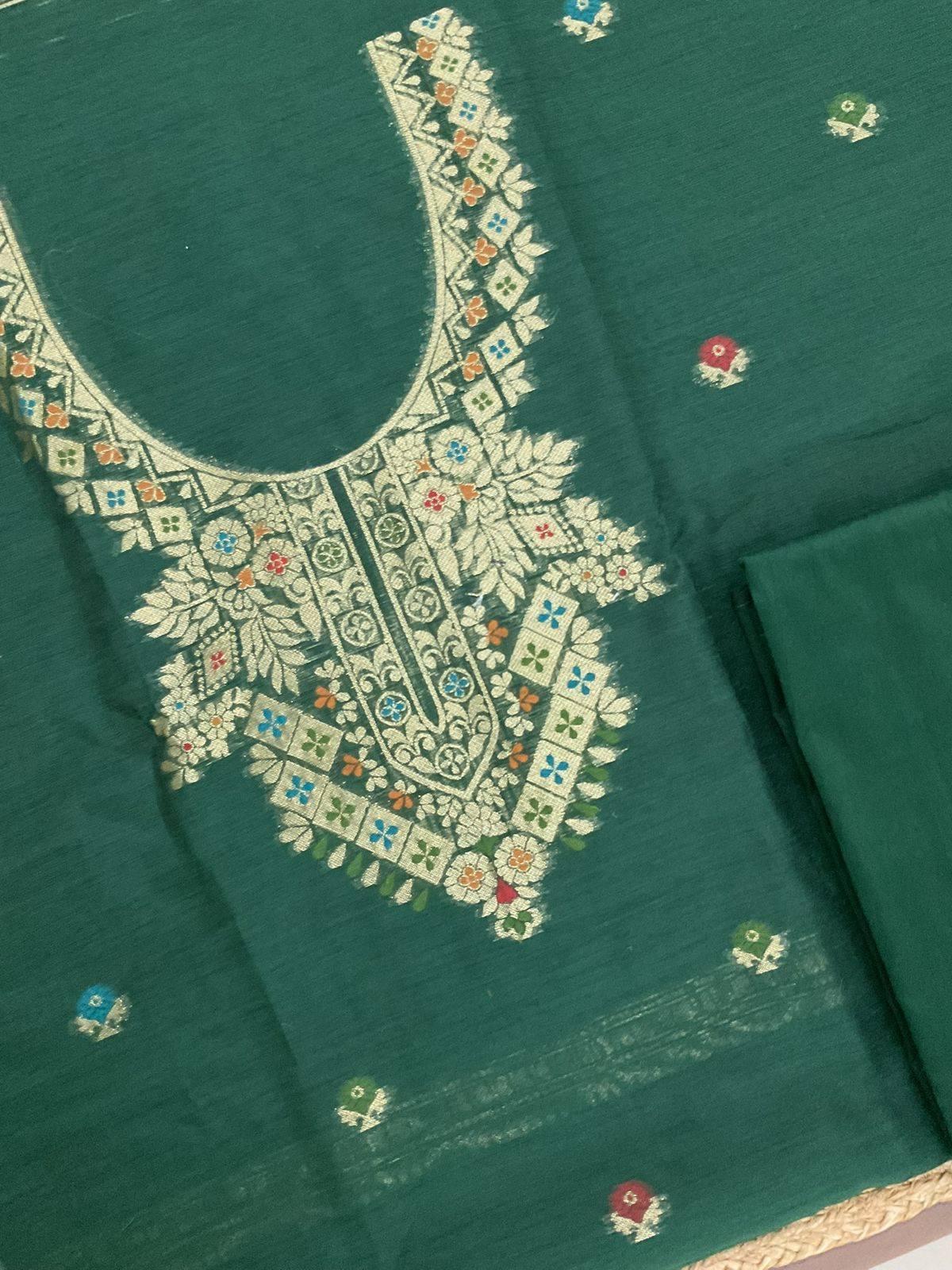 Soft Slub Chanderi Jamdani Weaved Suit - Green