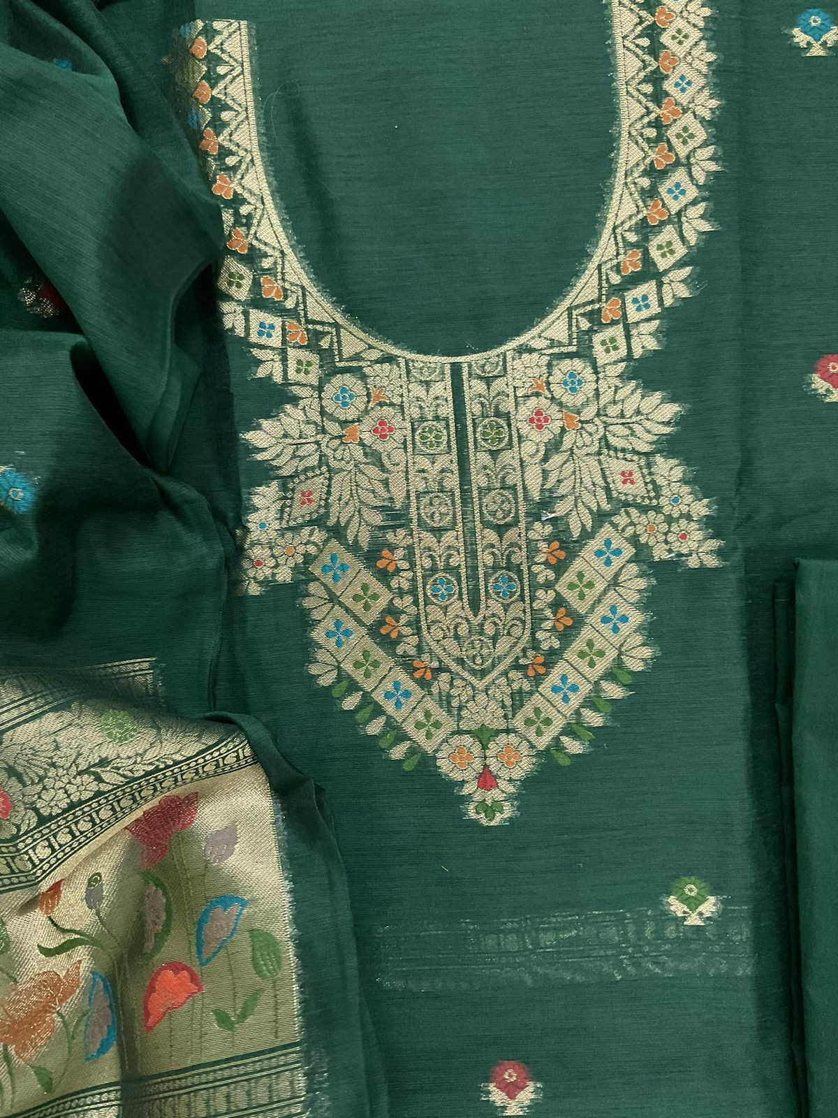 Soft Slub Chanderi Jamdani Weaved Suit - Green