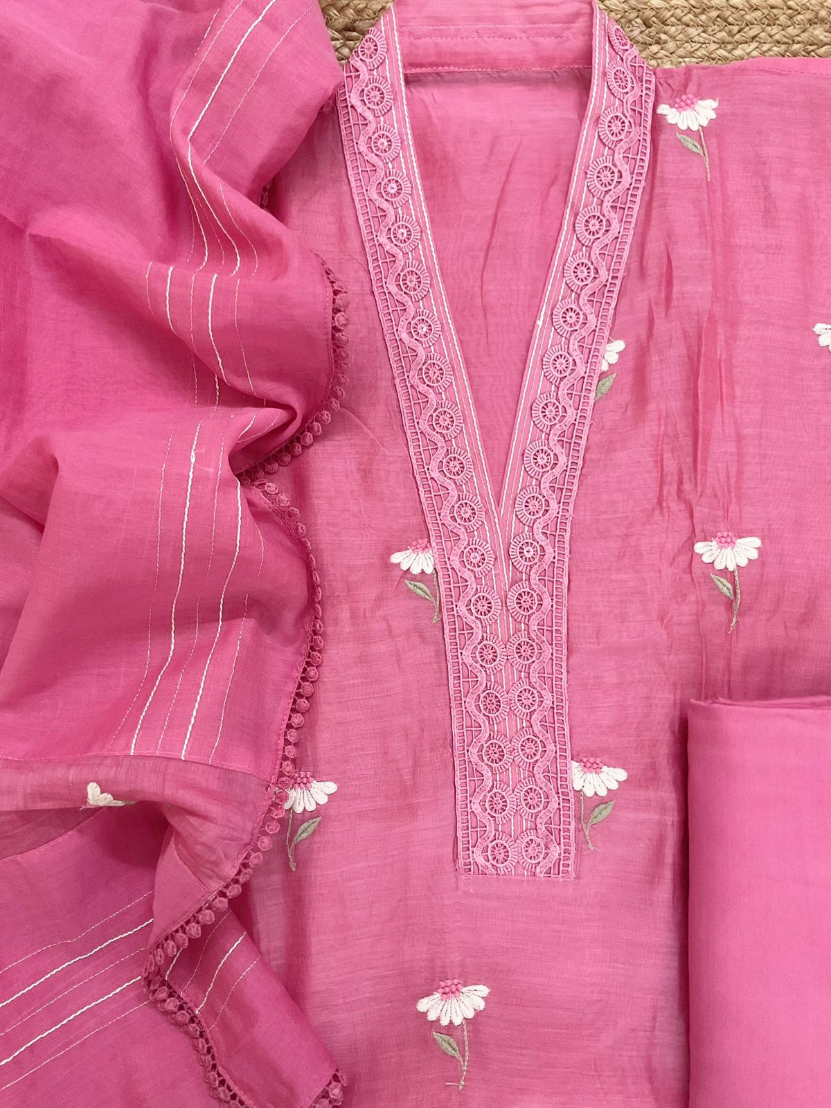 Pure Mul Chanderi Embroidered Suit - Pink
