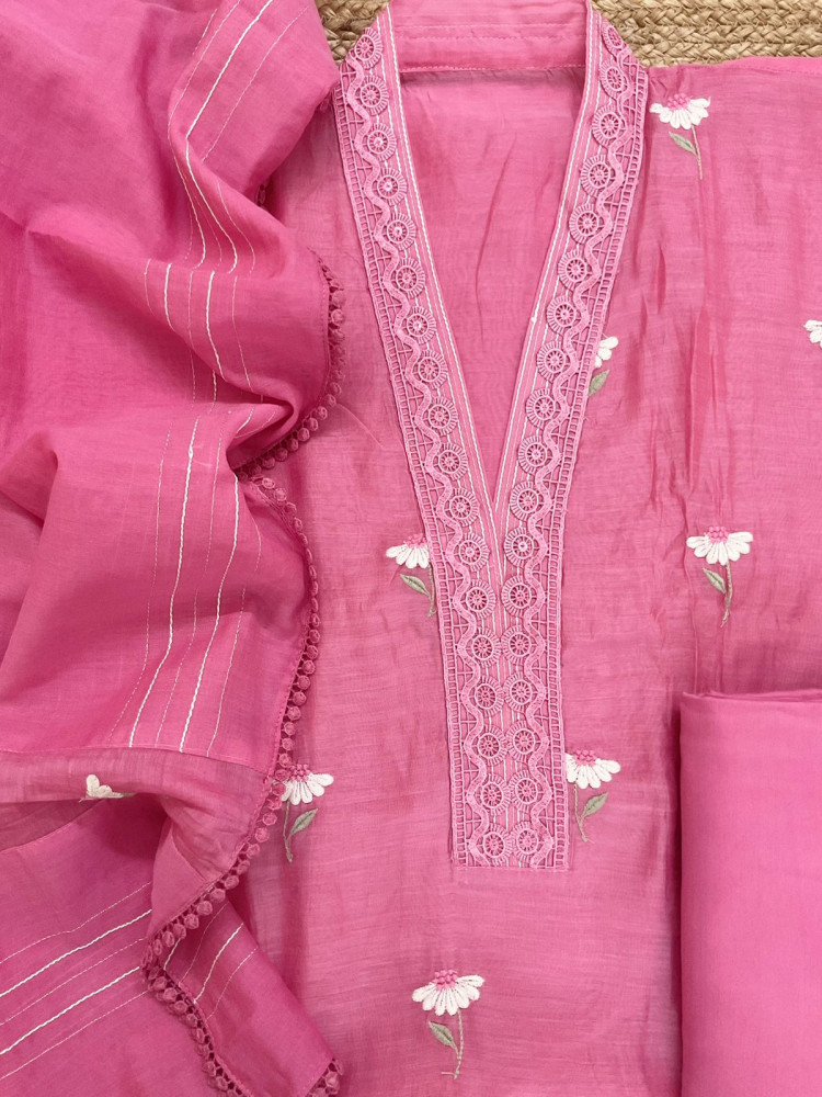 Image of Pure Mul Chanderi Embroidered Suit - Pink