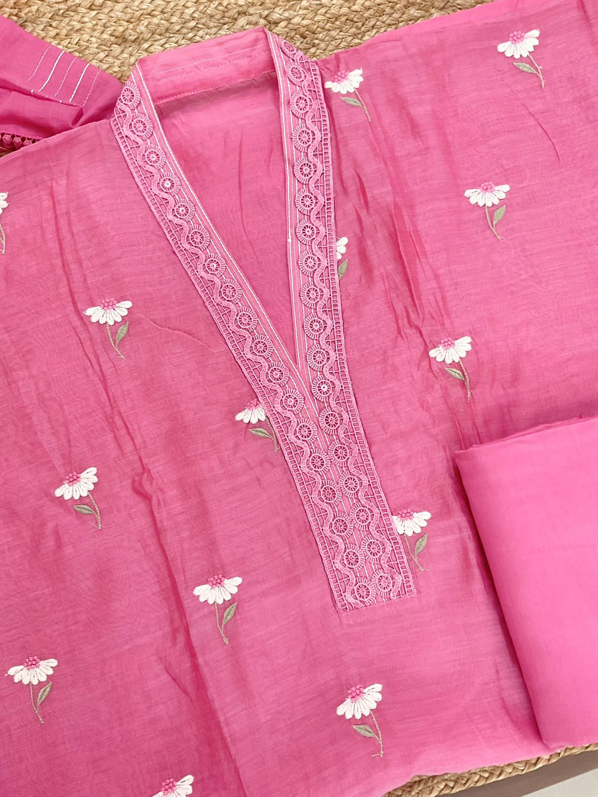 Pure Mul Chanderi Embroidered Suit - Pink