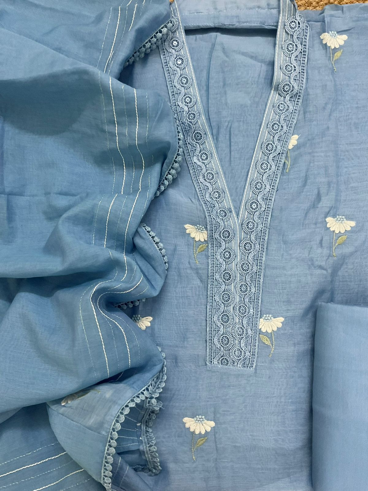 Pure Mul Chanderi Embroidered Suit - Blue