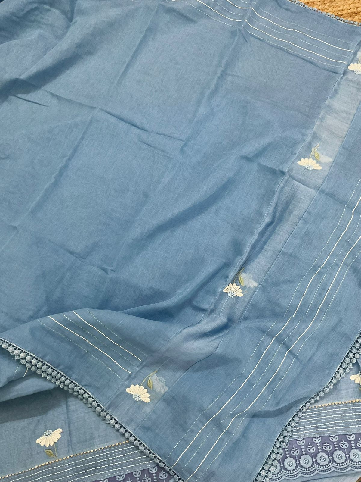 Pure Mul Chanderi Embroidered Suit - Blue