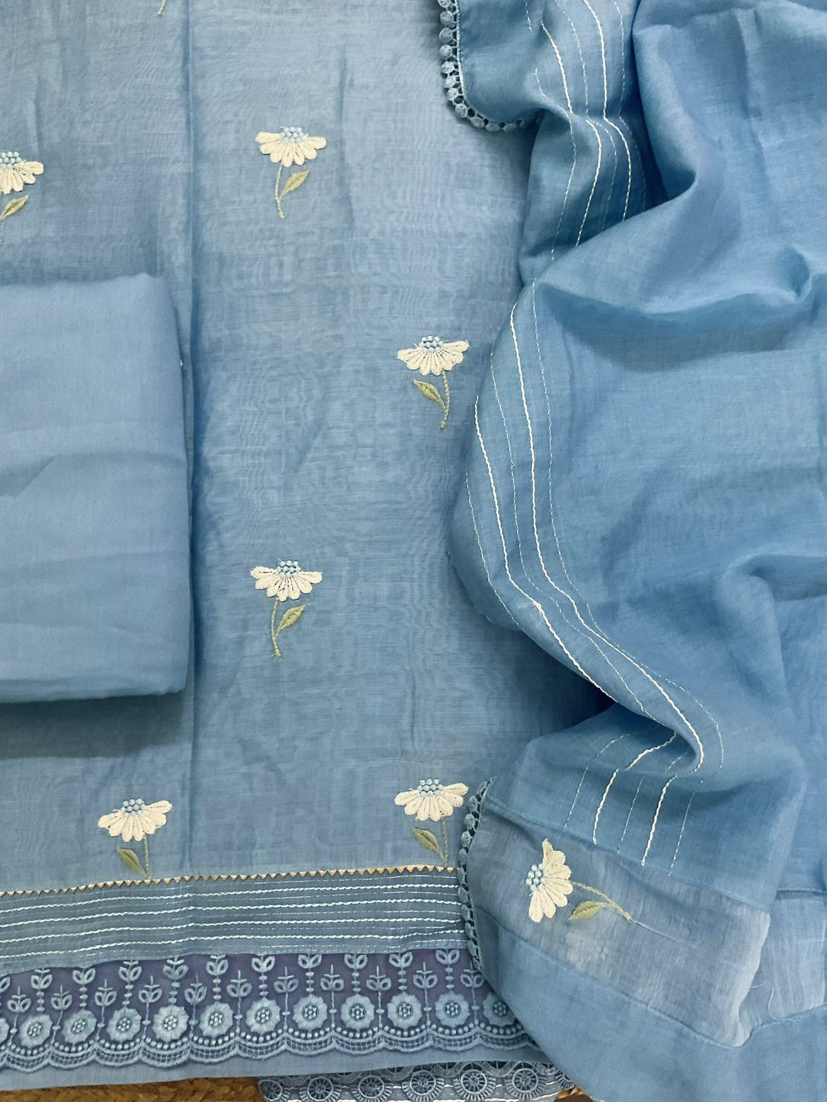 Pure Mul Chanderi Embroidered Suit - Blue