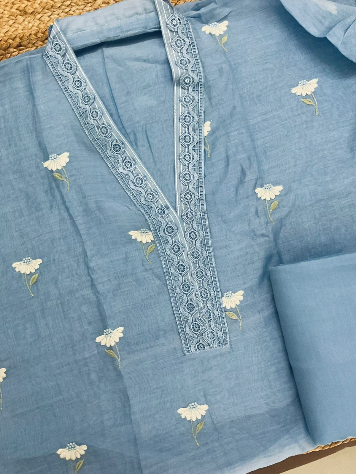 Pure Mul Chanderi Embroidered Suit - Blue