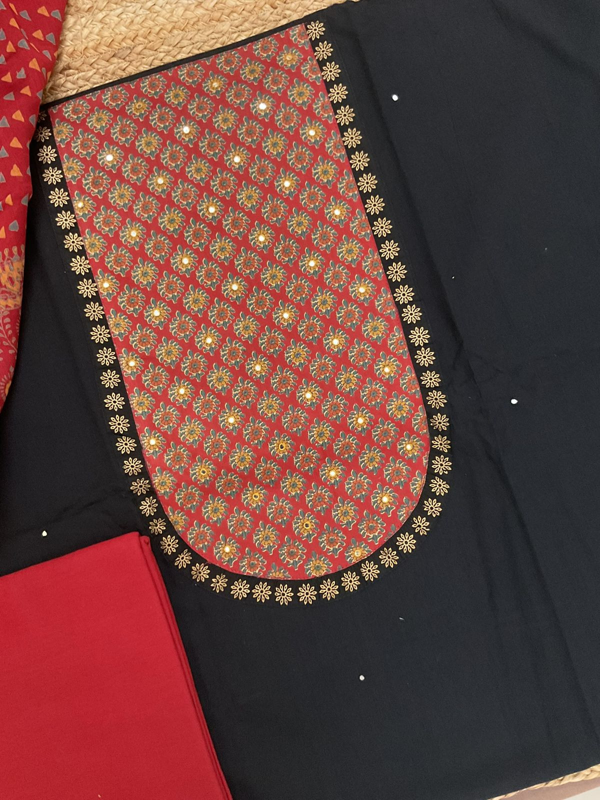 Pure Cotton Printed Embroidered Suit - Black