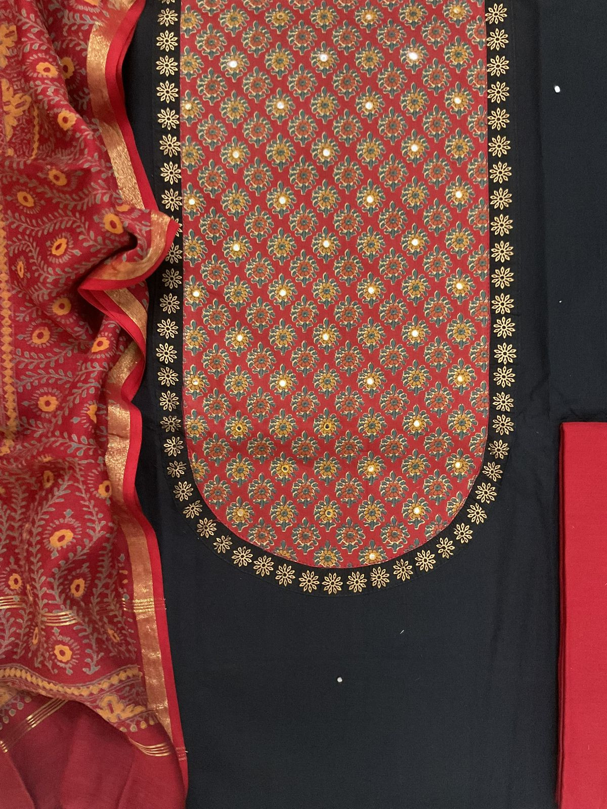 Pure Cotton Printed Embroidered Suit - Black