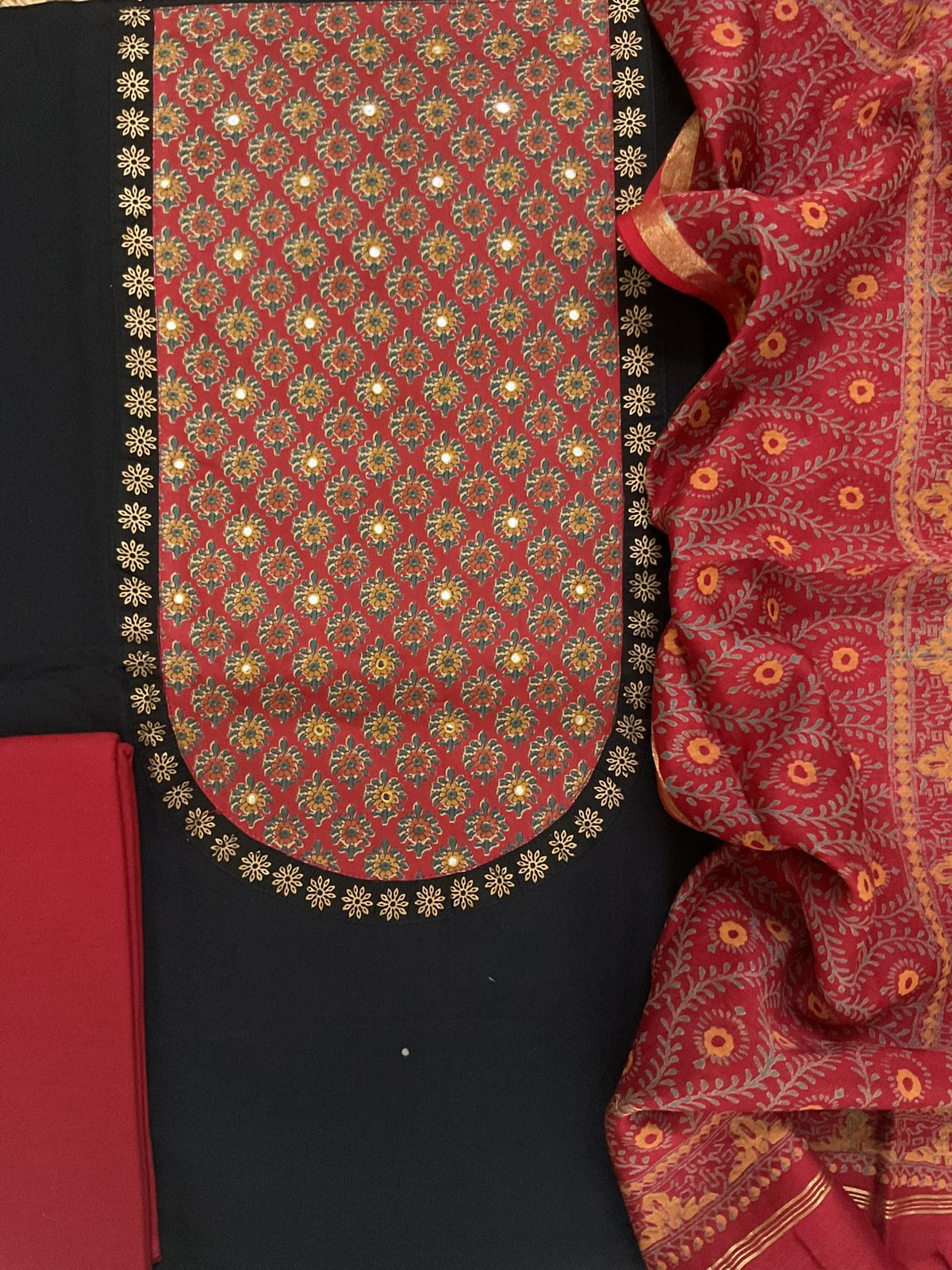 Pure Cotton Printed Embroidered Suit - Black