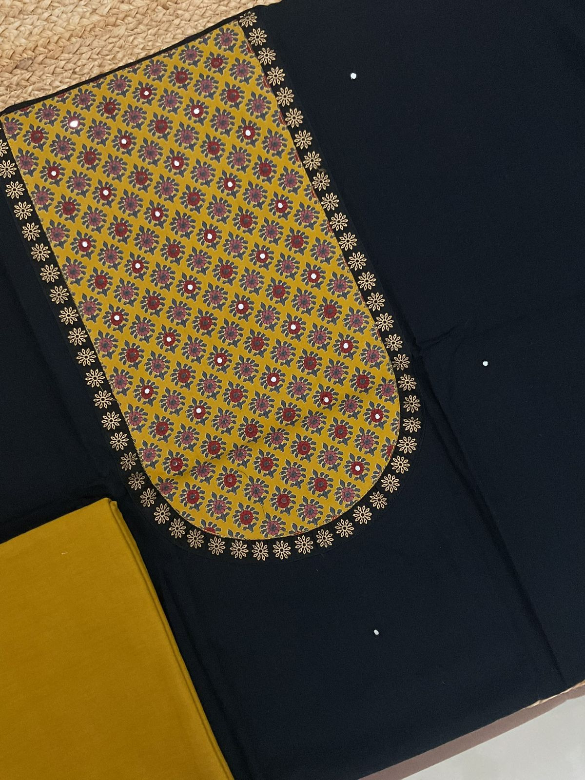 Pure Cotton Printed Embroidered Suit - Black