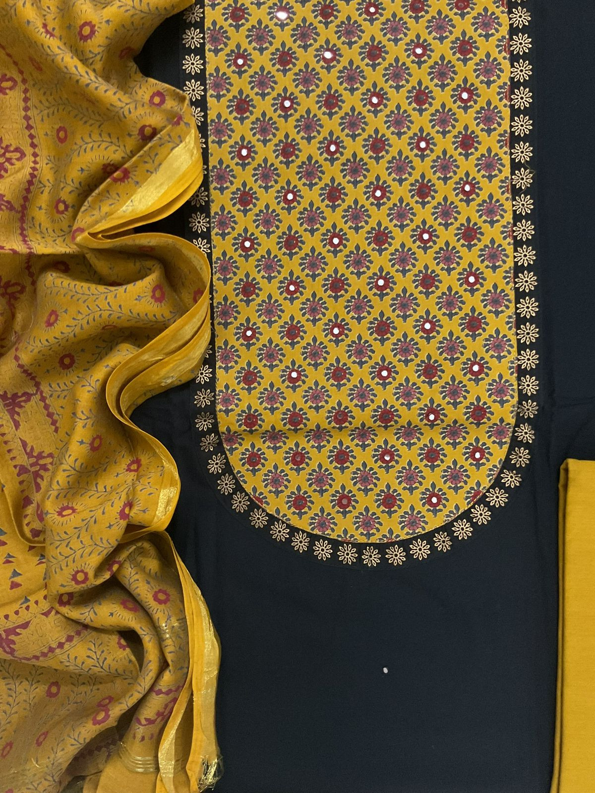 Pure Cotton Printed Embroidered Suit - Black