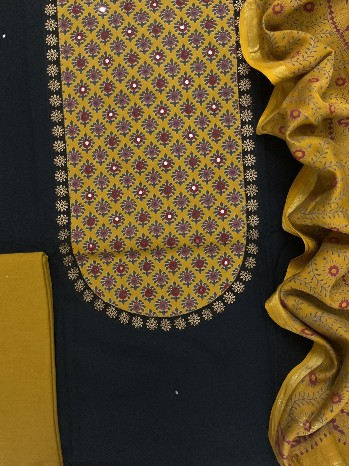 Pure Cotton Printed Embroidered Suit - Black