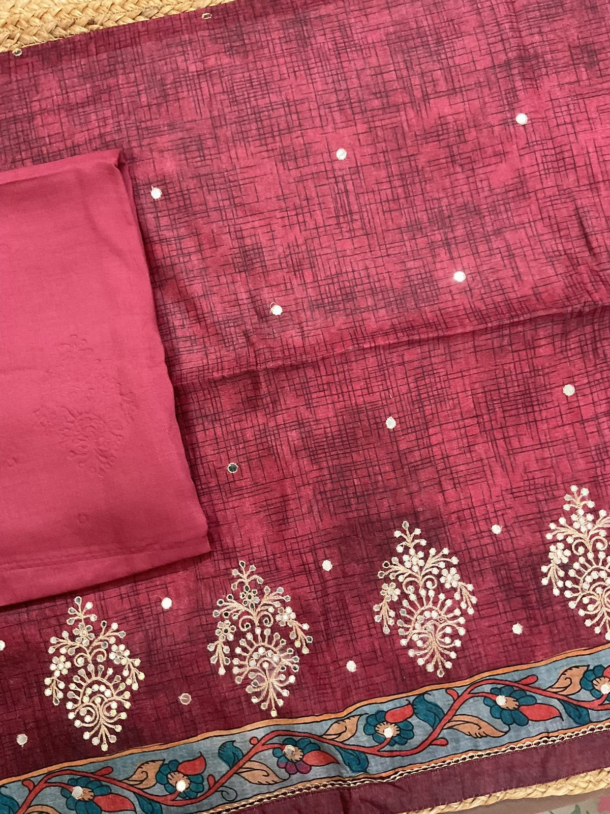 Soft Semi Tussar Silk Printed Embroidered Suit - Maroon