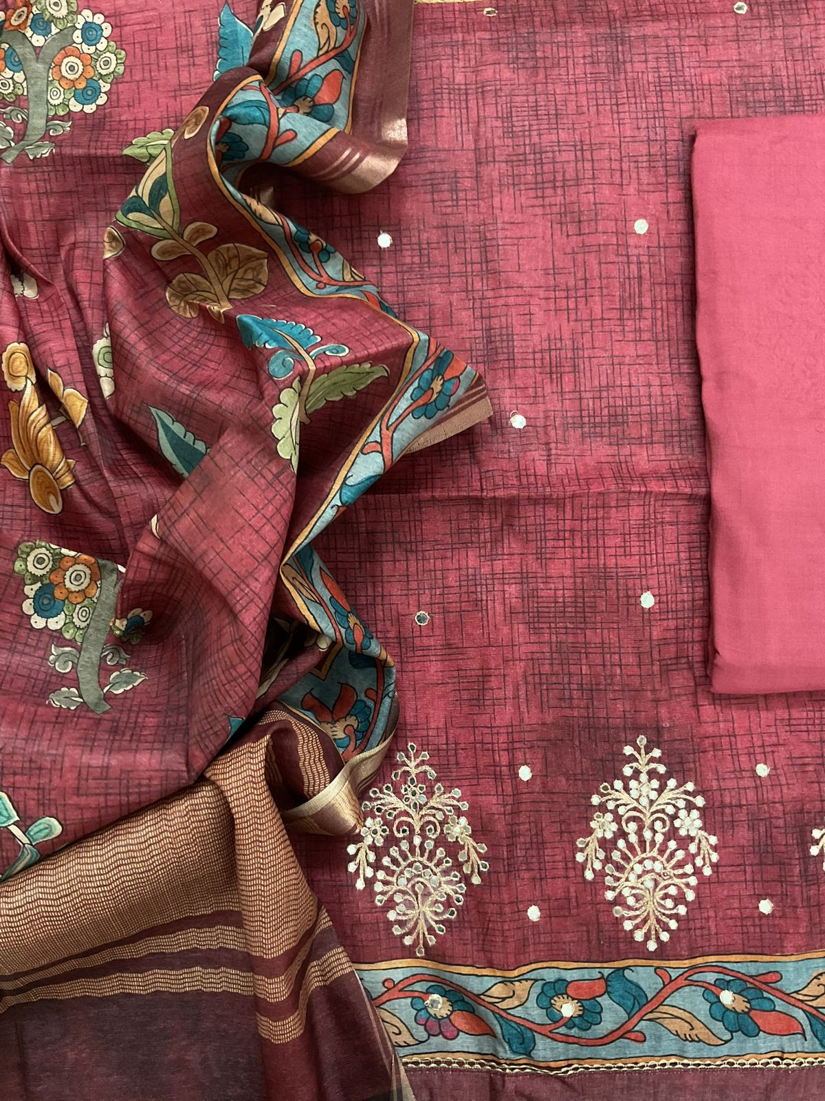 Soft Semi Tussar Silk Printed Embroidered Suit - Maroon